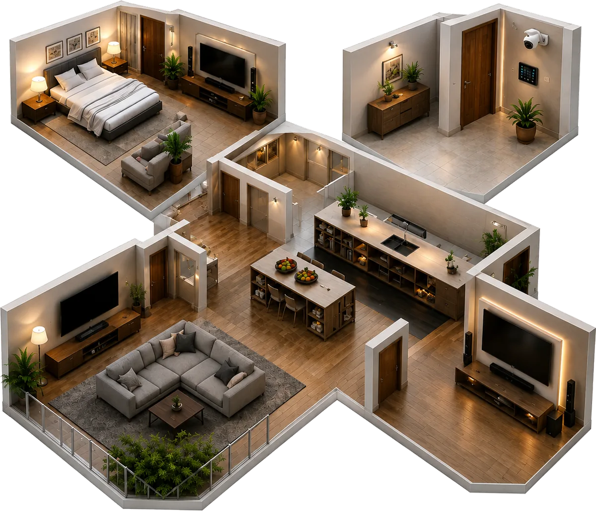 3D floor plan of a smart home villa showing the master bedroom, entry with CCTV security, living room and AV media room, integrated by SBR System